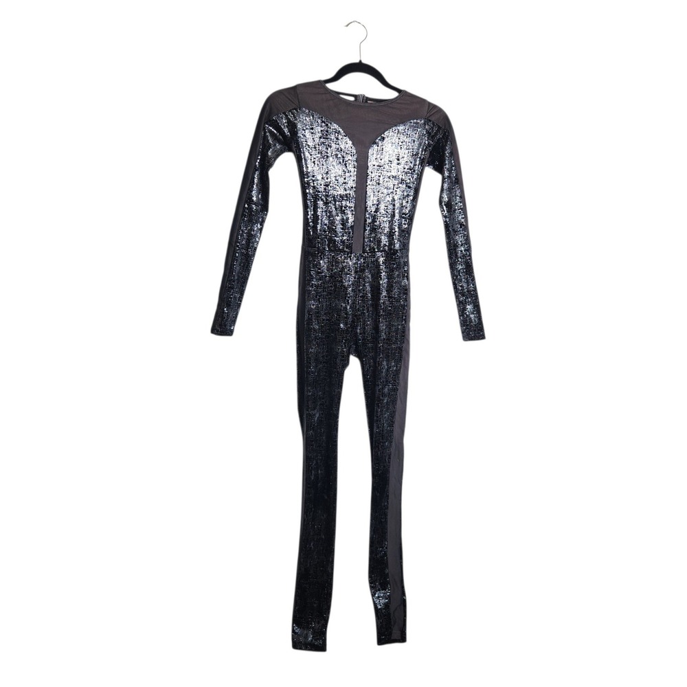 Weissman Kids Large LC Silver Foil Metallic Black Mesh Dance Unitard Jumpsuit